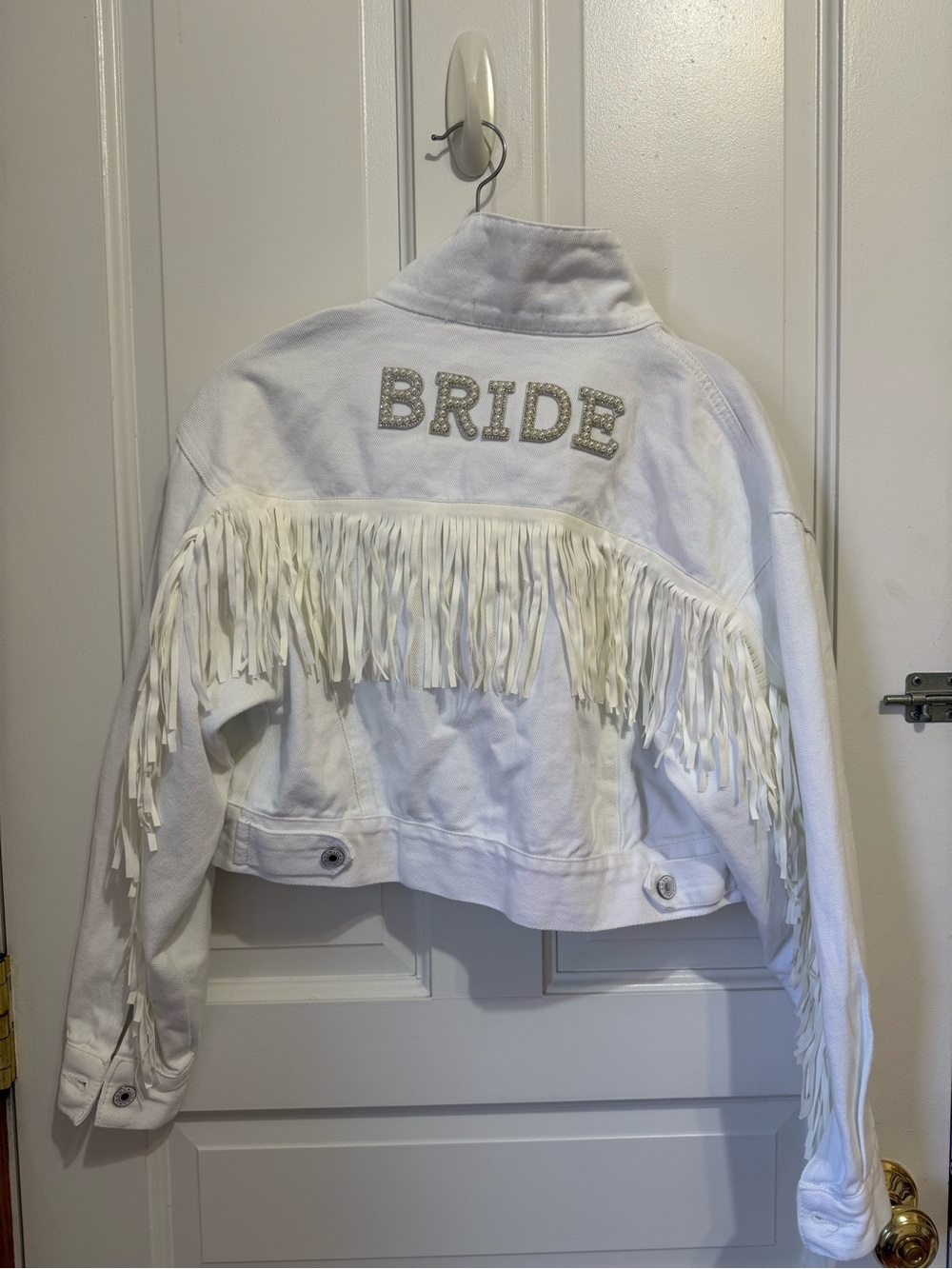 NWOT Pearl and Beige Etsy “Bride” White bachelorette Denim Jacket with fringe